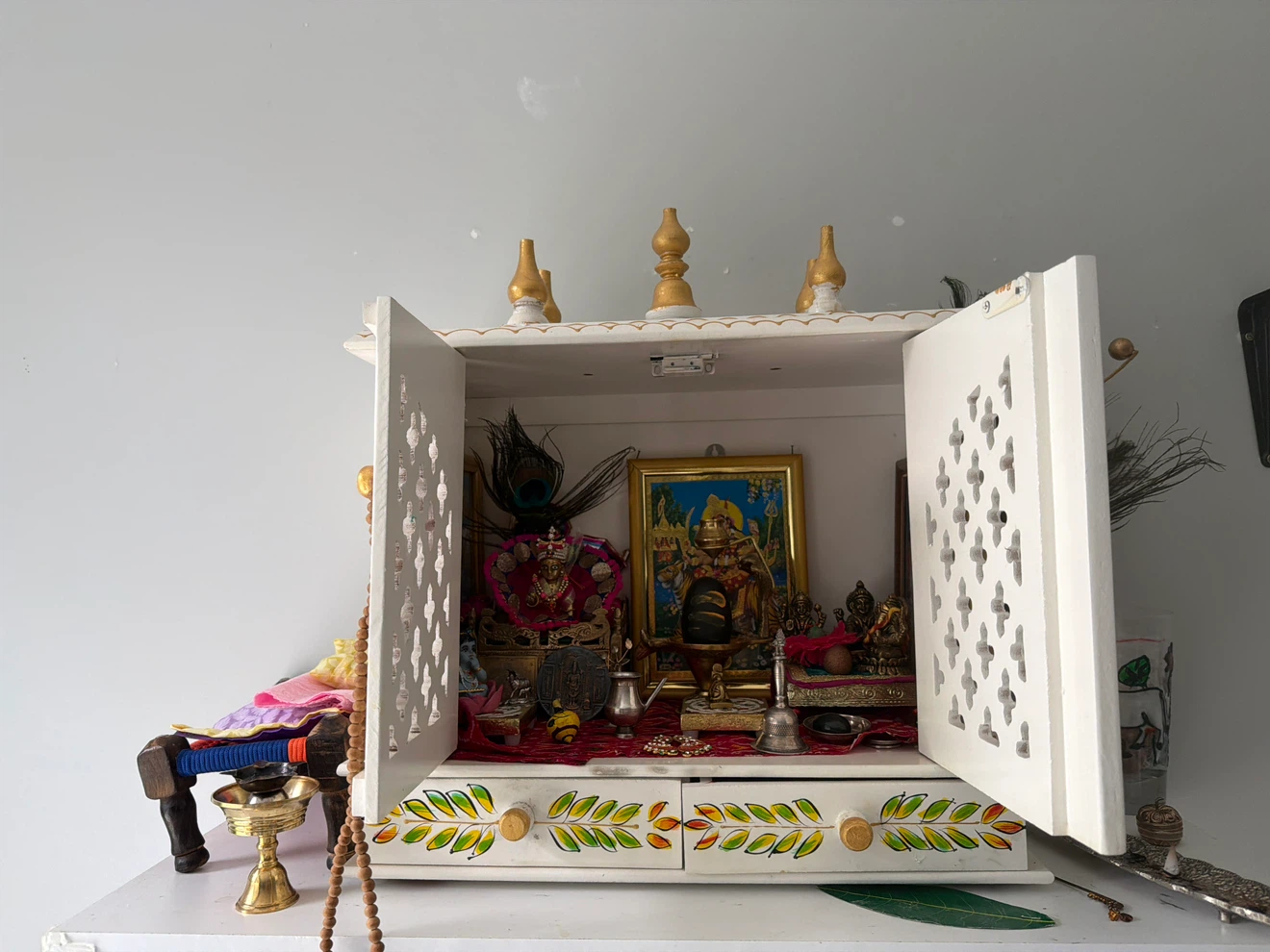 Wooden Pooja Mandir with Decorative Drawers