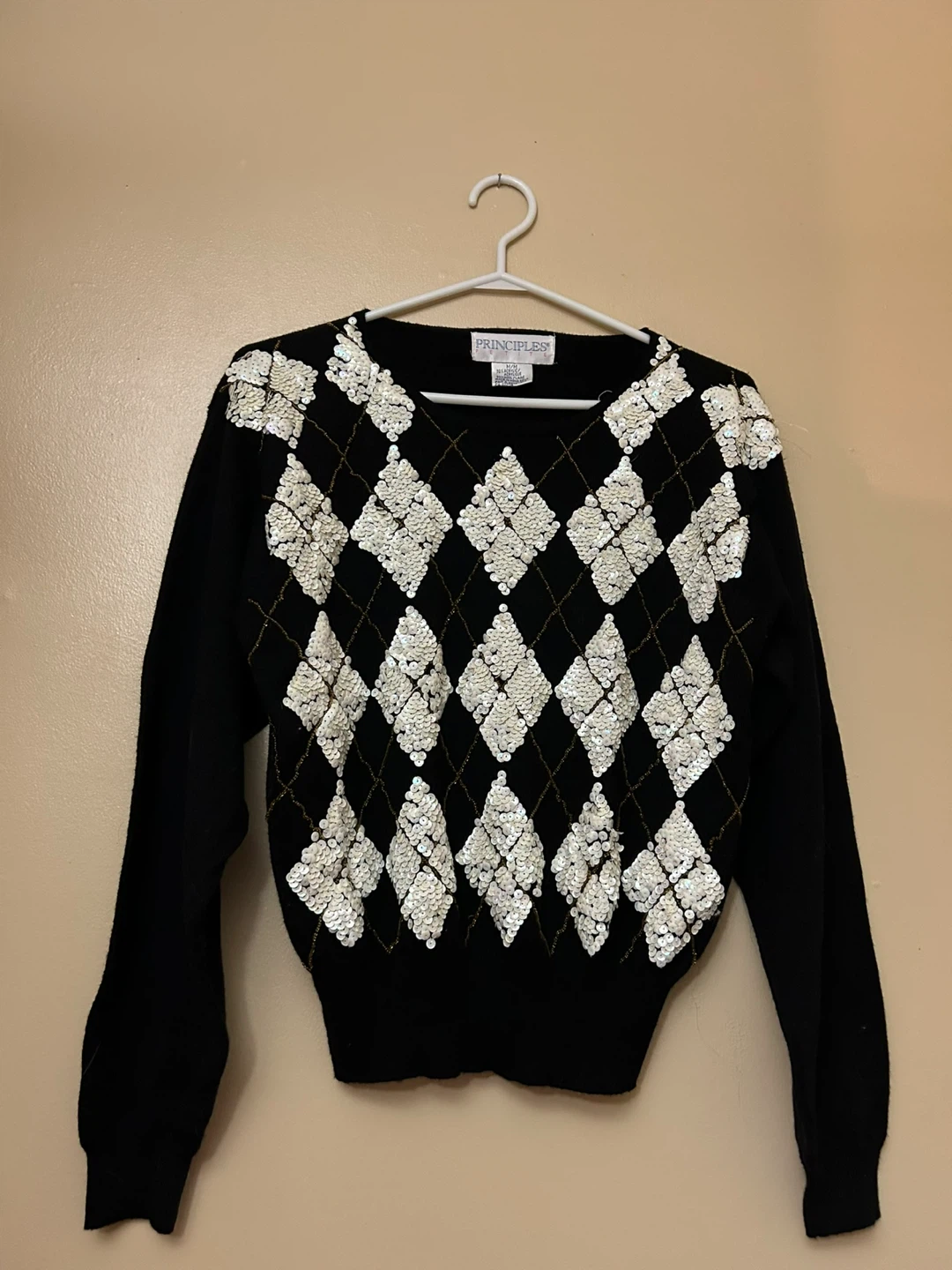 Principles White Sequin Diamond Print Vintage Black Sweater - photo 3