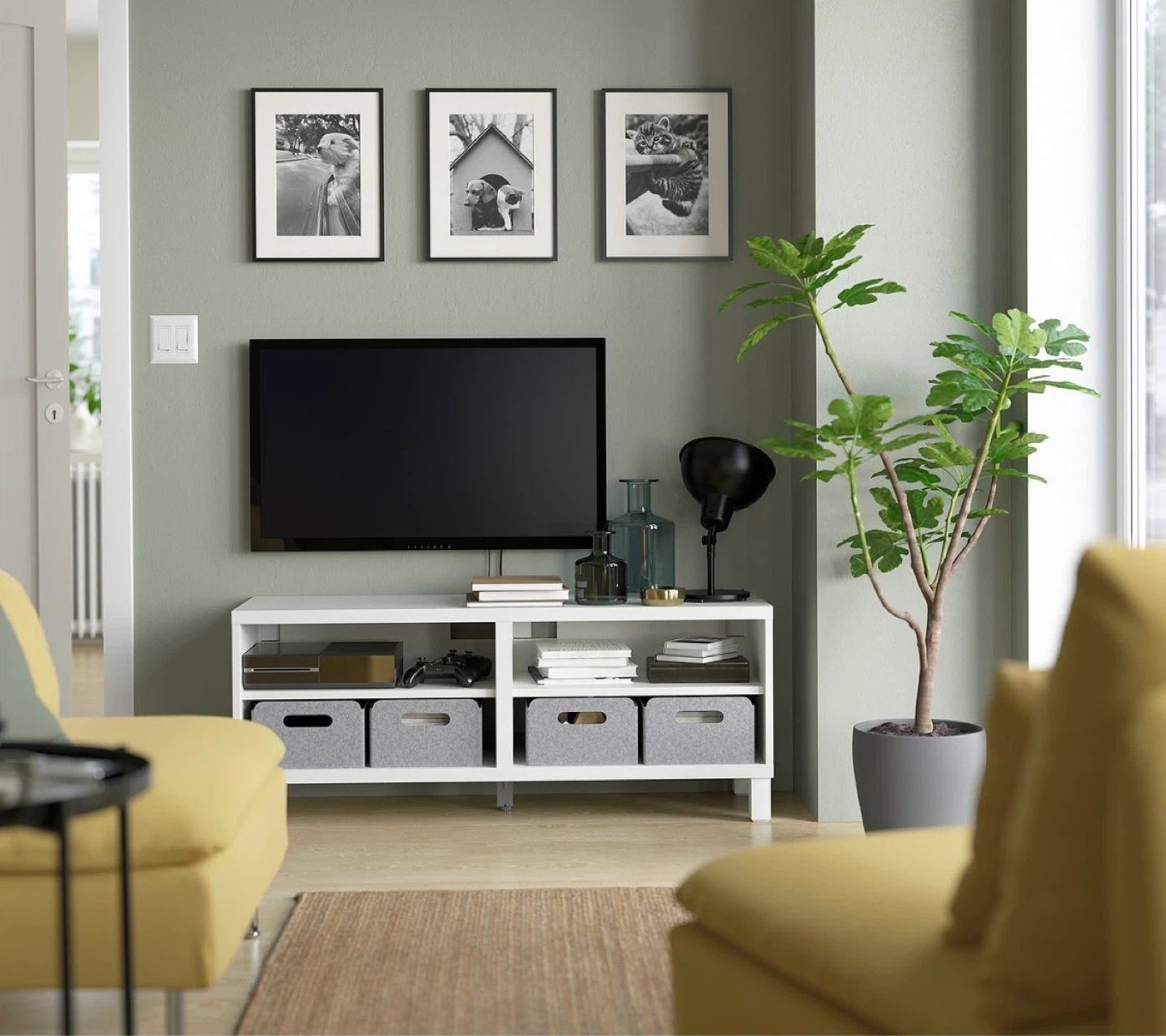 IKEA White TV Stand with Glass Shelves