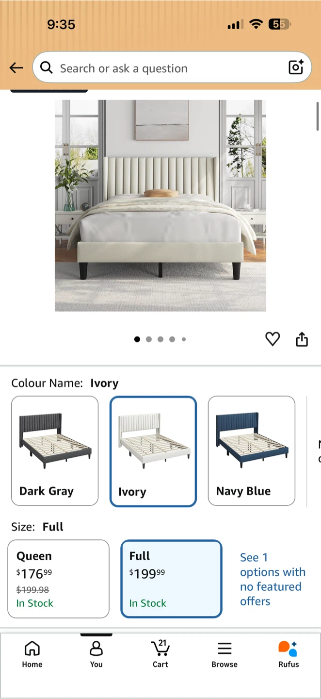 Full Size Upholstered Platform Bed Frame - Ivory