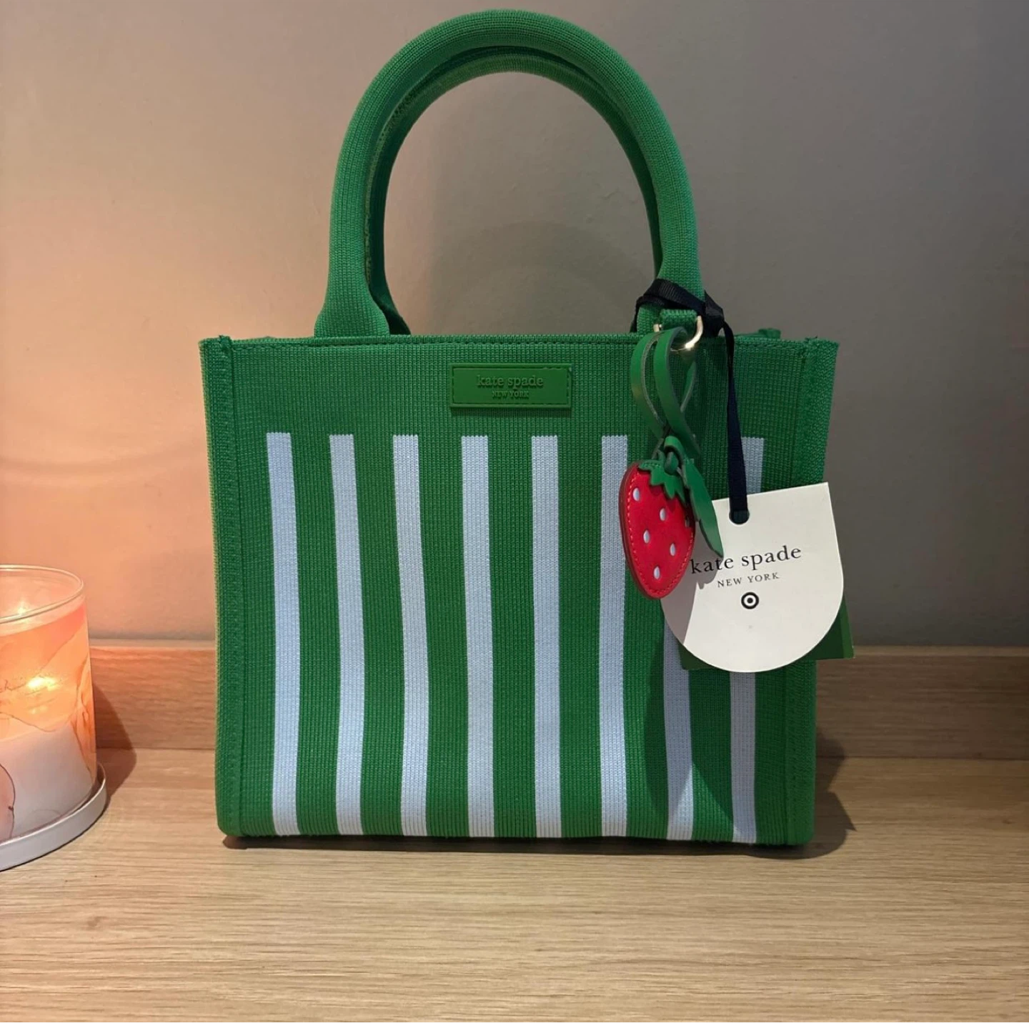 Kate Spade Green & White Stripe Bag with Strawberry Charm