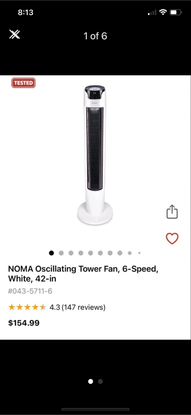 NOMA Oscillating Tower Fan - White, 42-in