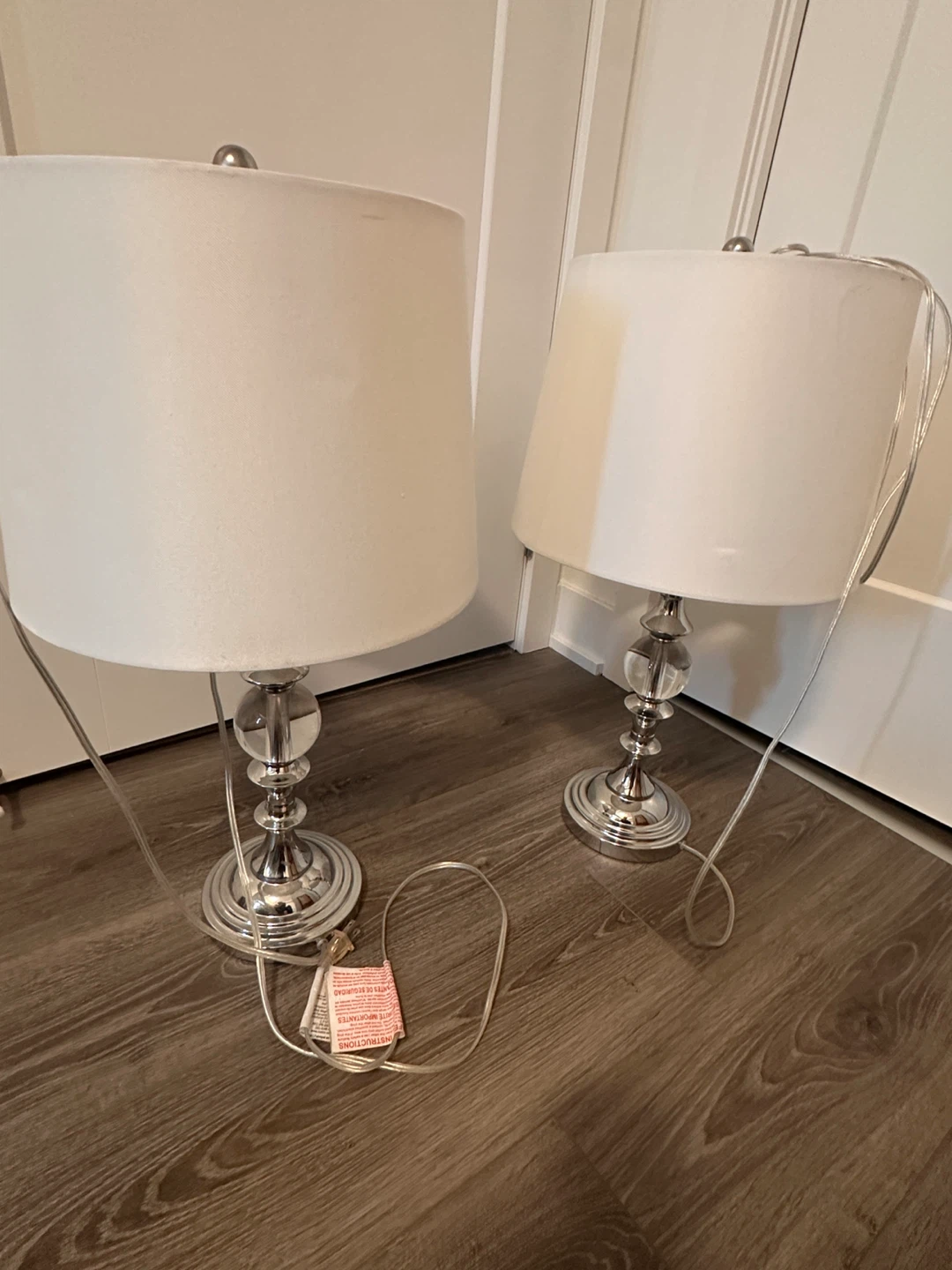 Pair of Chrome Table Lamps with White Shades - photo 3