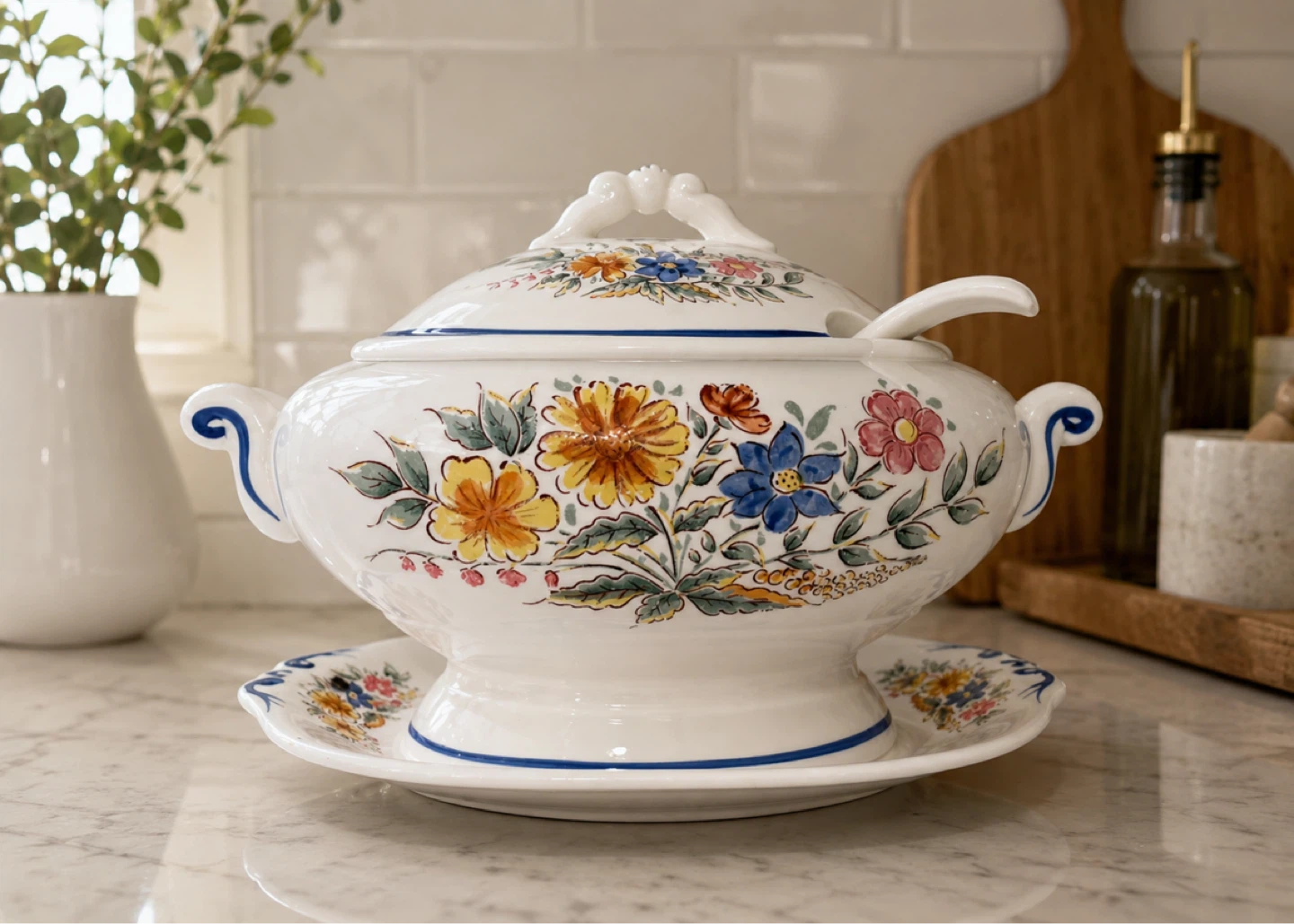 Vintage Floral Tureen with Lid and Ladle