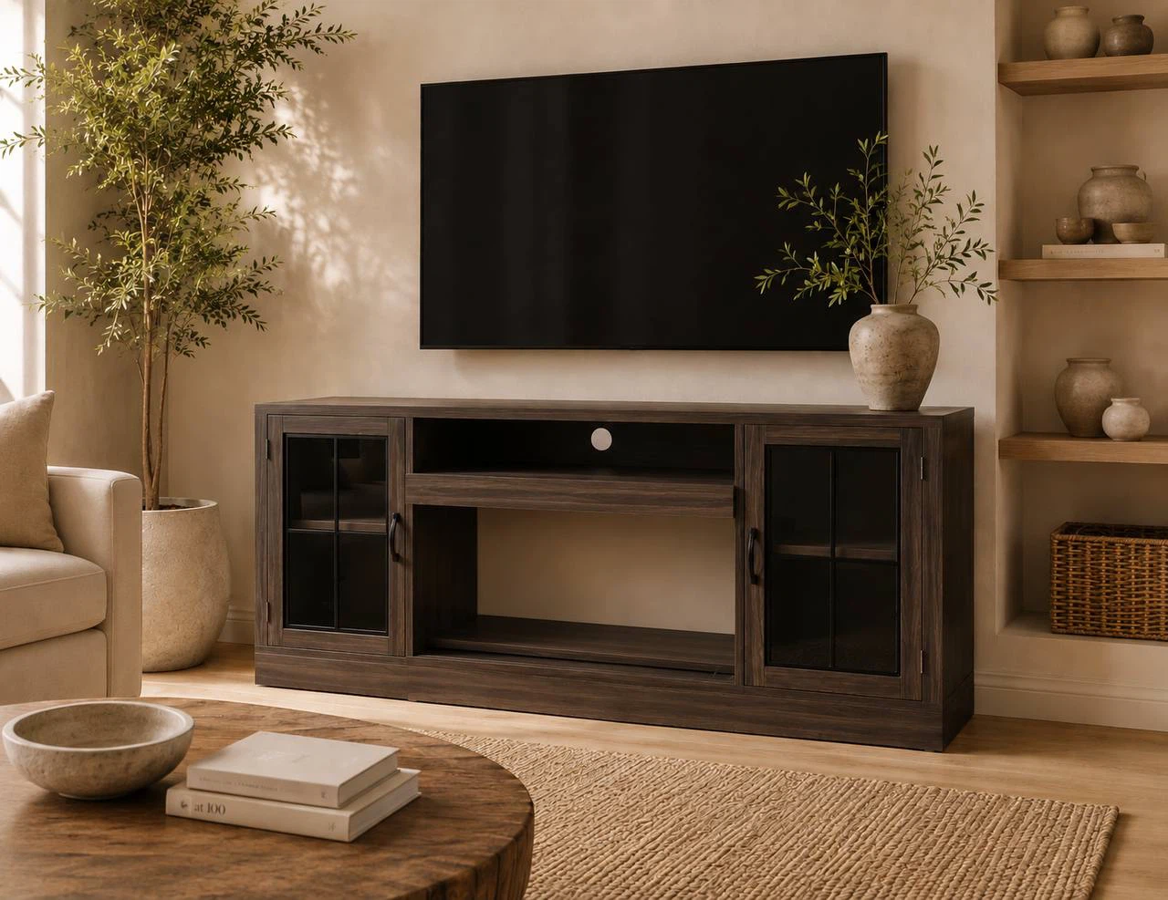 3-Sided Farmhouse TV Stand for TVs up to 75” – Dark Brown