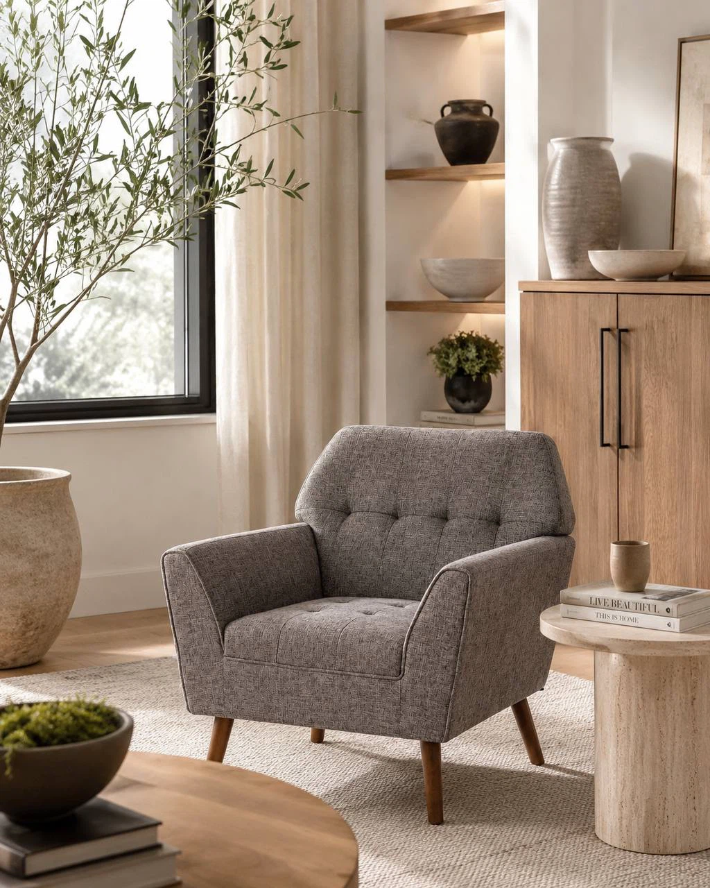 Mid-Century Modern Accent Arm Chair – Grey | Solid Wood Frame