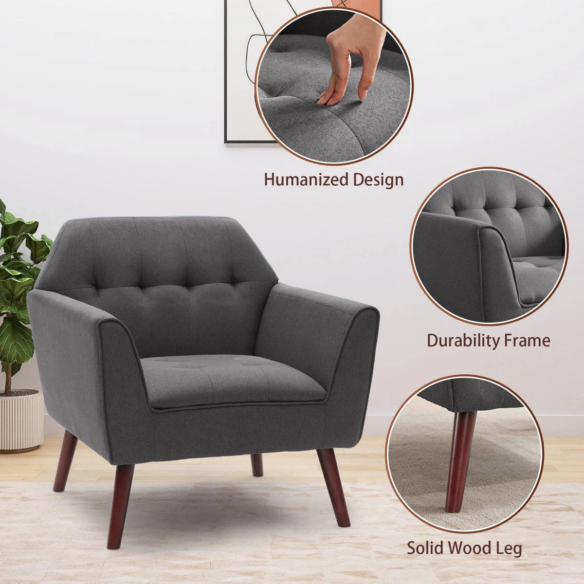 Mid-Century Modern Accent Arm Chair – Grey | Solid Wood Frame - photo 3