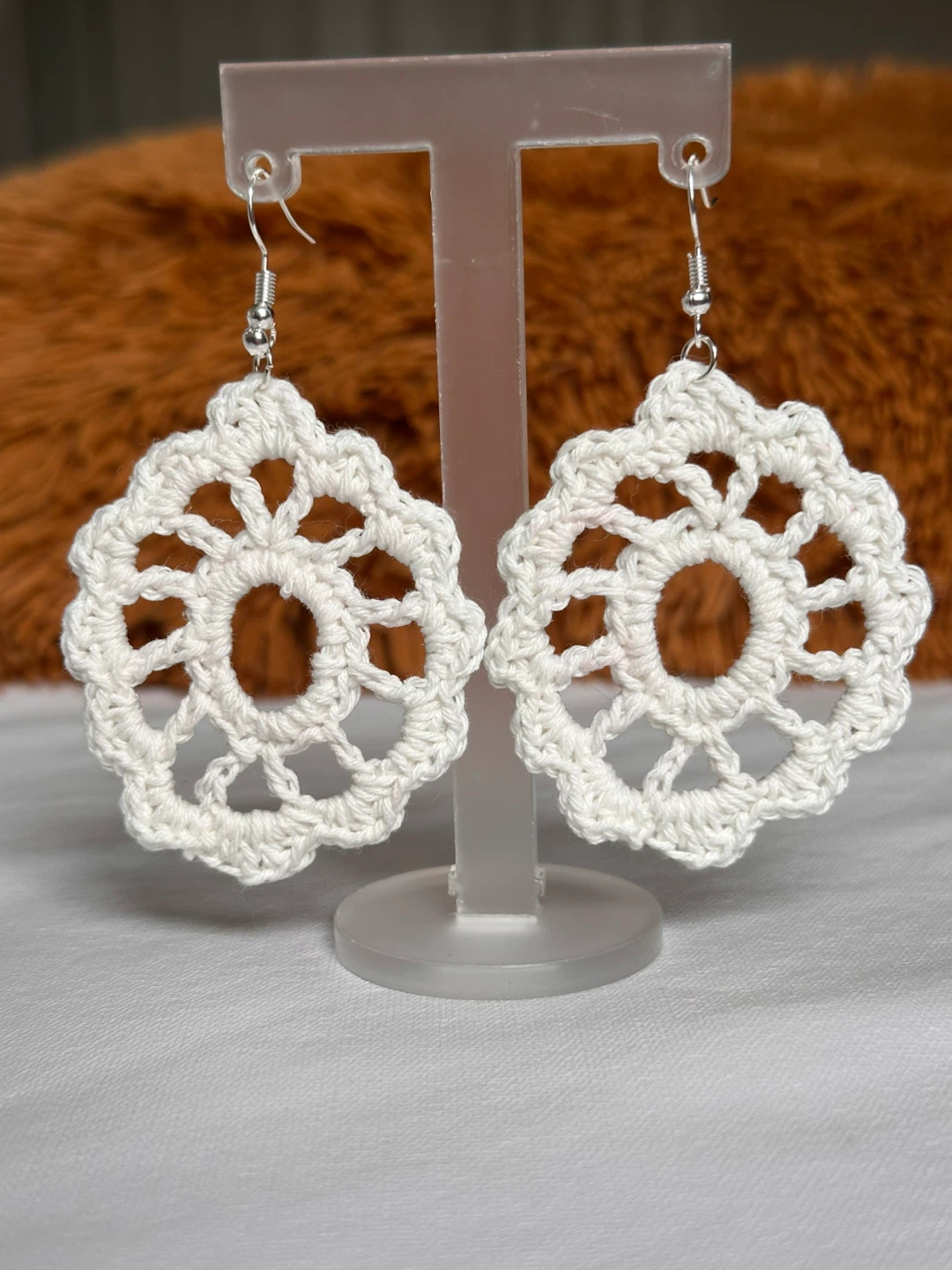 Handmade White Crochet Flower Earrings