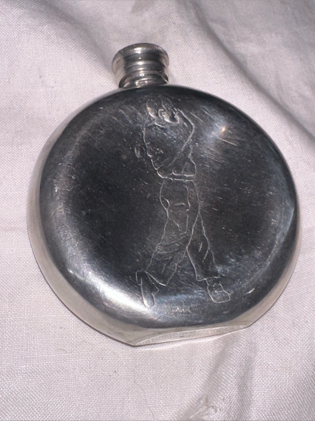 Vintage Pinder Brothers English Pewter 6 oz Round Flask-Golfer - photo 2