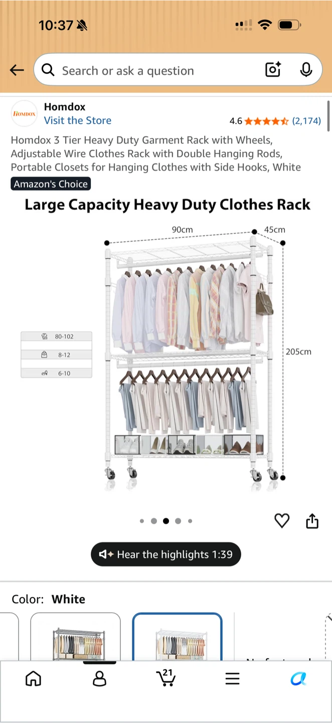 Hanger clothing Rack with Wheels, White