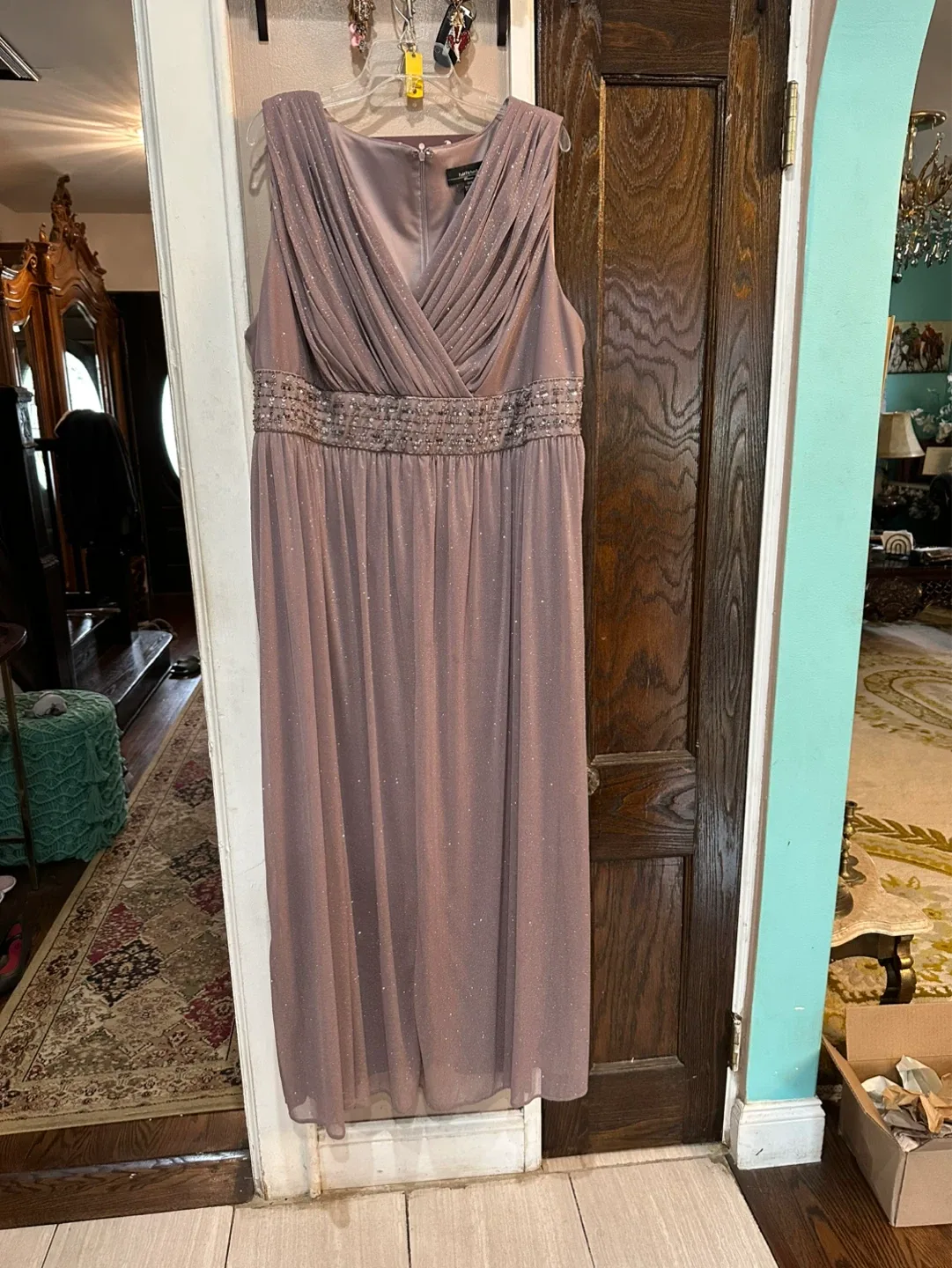 R&M Richards Dusty Mauve Beaded V-Neck Maxi Dress