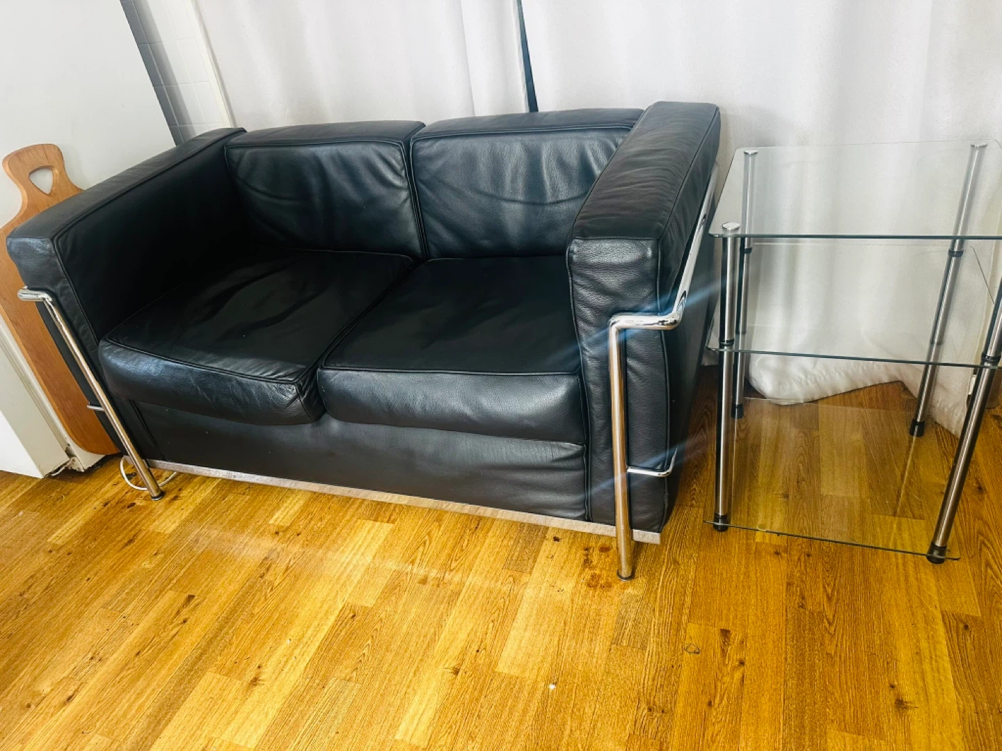 Glass and Chrome End Table and sofa - photo 5