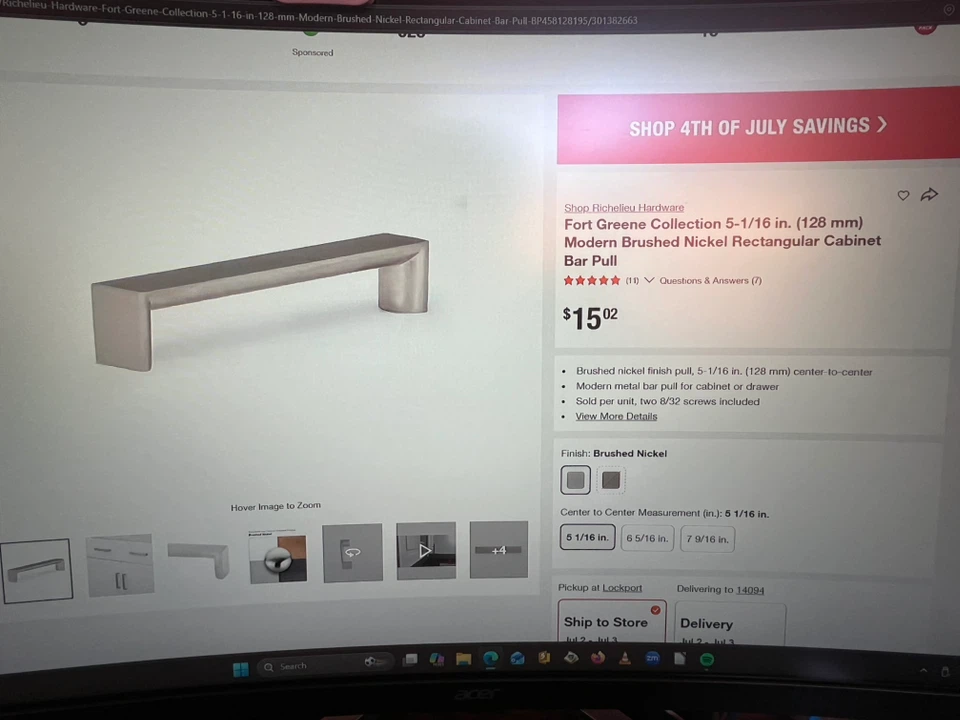 Brushed Nickel Cabinet Bar Pull 5-1/16 in. - photo 2