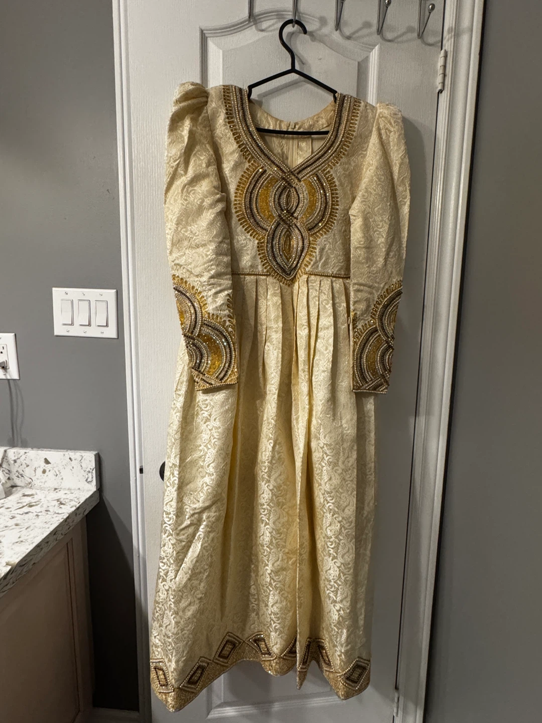 Jacquard Whitish Cream Maxi Dress with Gold Beading - Medium