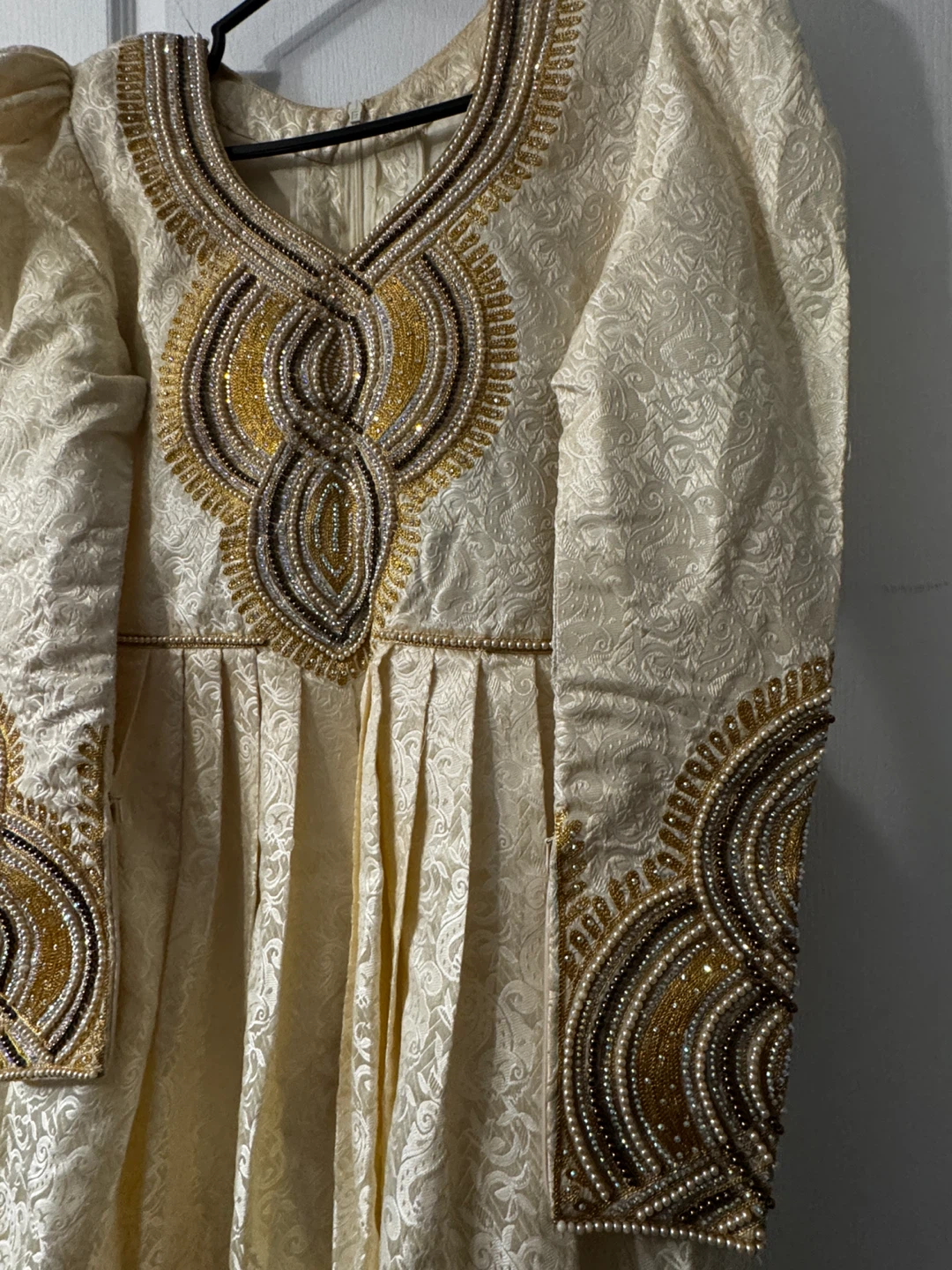 Jacquard Whitish Cream Maxi Dress with Gold Beading - Medium - photo 3