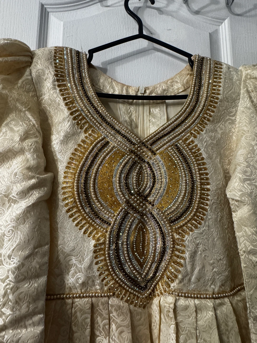 Jacquard Whitish Cream Maxi Dress with Gold Beading - Medium - photo 4