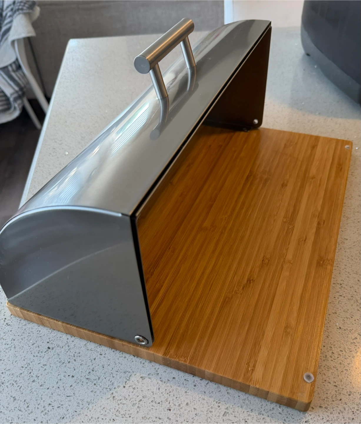 Stainless Steel & Bamboo Bread Box with Roll-Top Lid