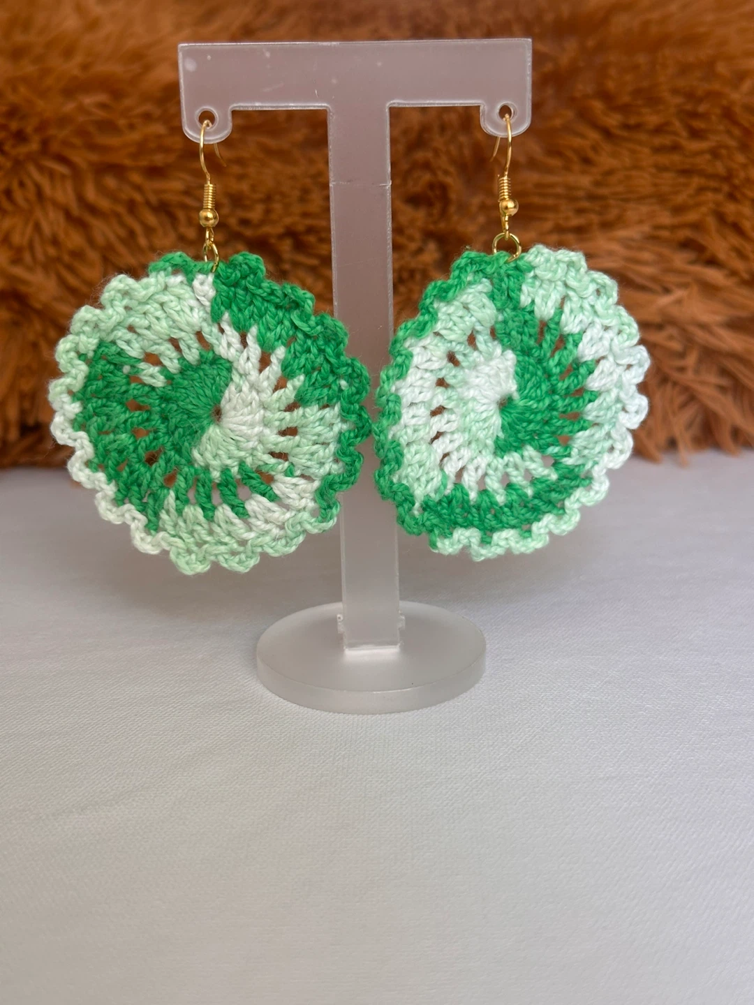 Handmade Crocheted Round Earrings - Green & White