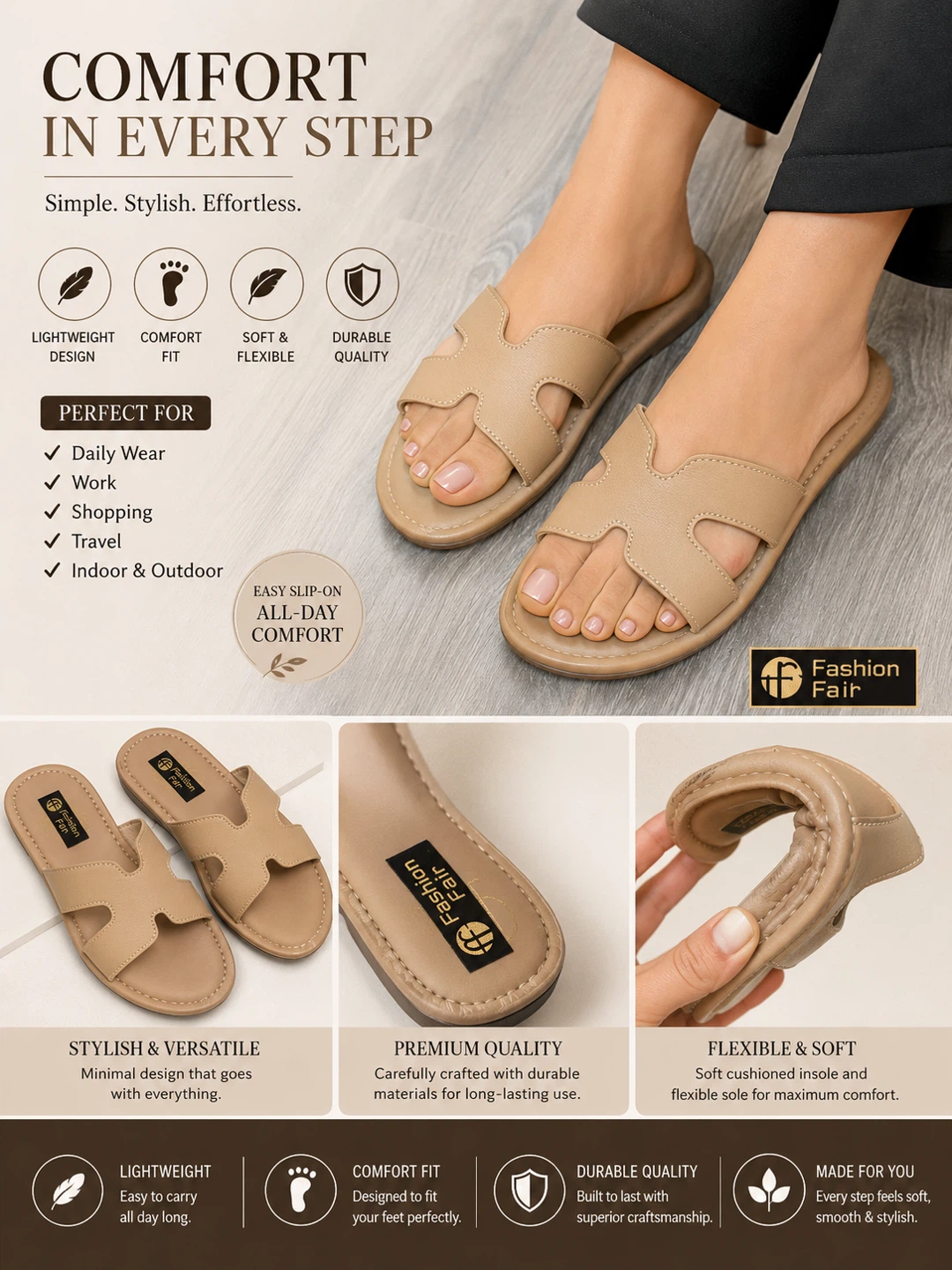 Fashion Fair Women's Tan Slip-On Slides