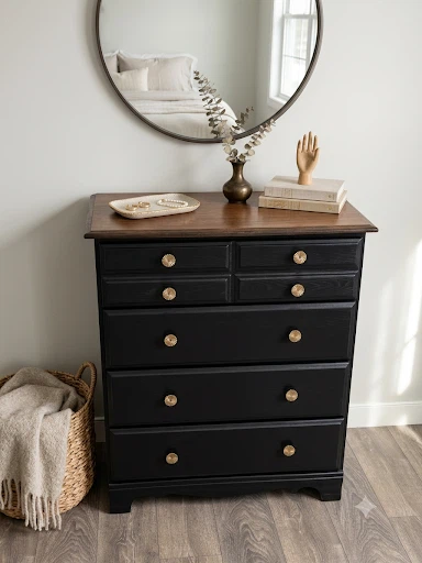Black Chest of Drawers with Wood Top