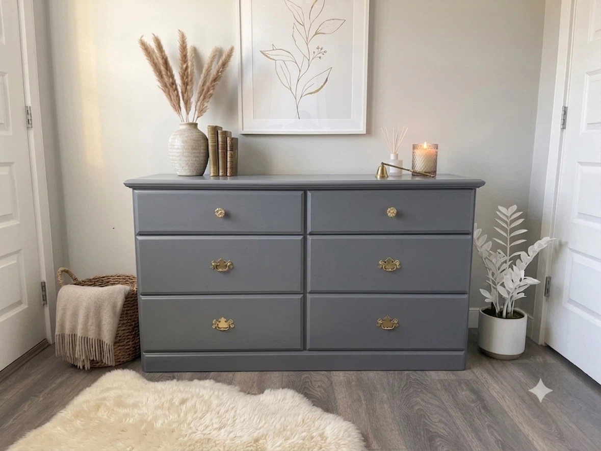 Grey Six-Drawer Dresser with Gold Hardware