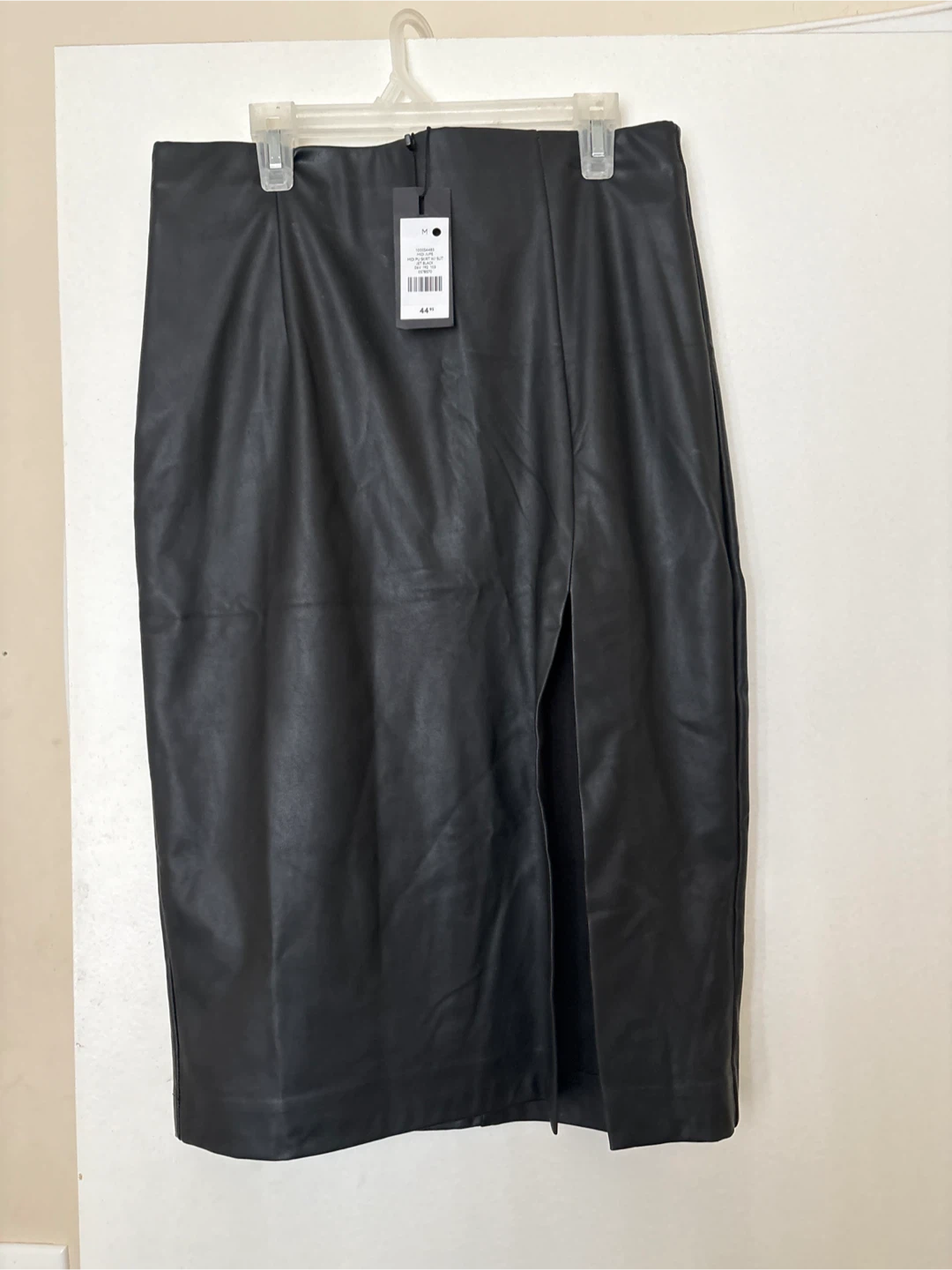 Black Faux Leather Pencil Skirt with Slit - Size M