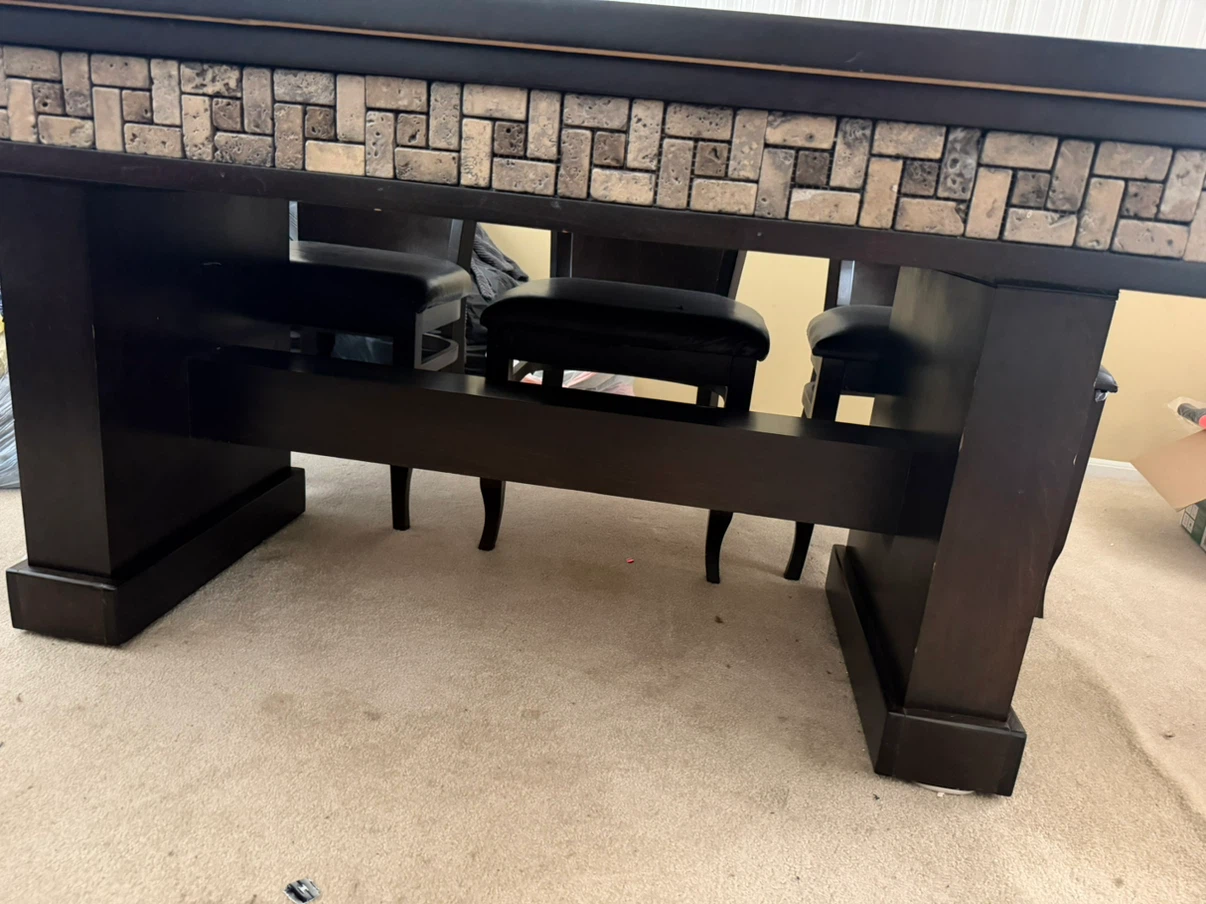 Dark Wood Dining Table with Stone Inlay with 6 chairs