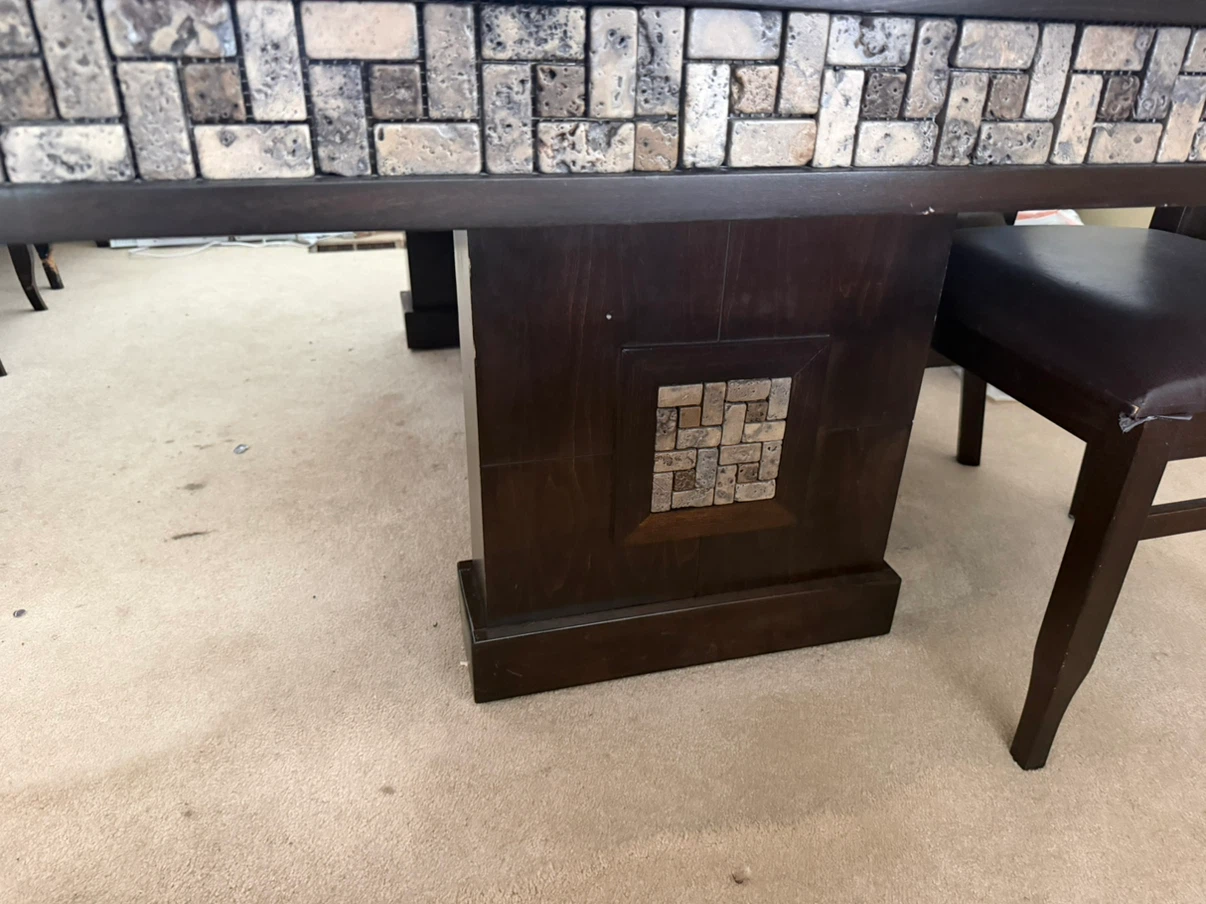 Dark Wood Dining Table with Stone Inlay with 6 chairs - photo 2