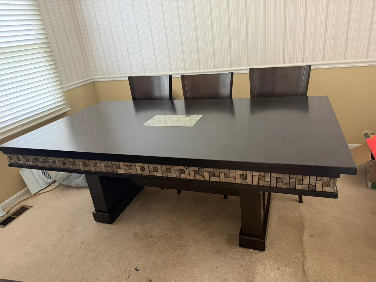 Dark Wood Dining Table with Stone Inlay with 6 chairs - photo 3