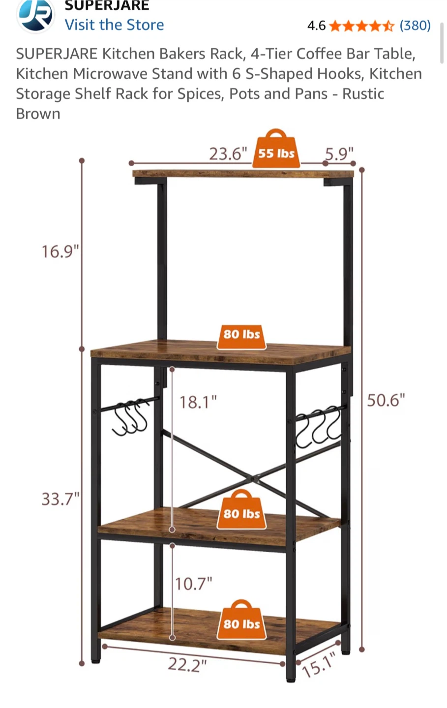 SUPERJARE 4-Tier Kitchen Bakers Rack - photo 4