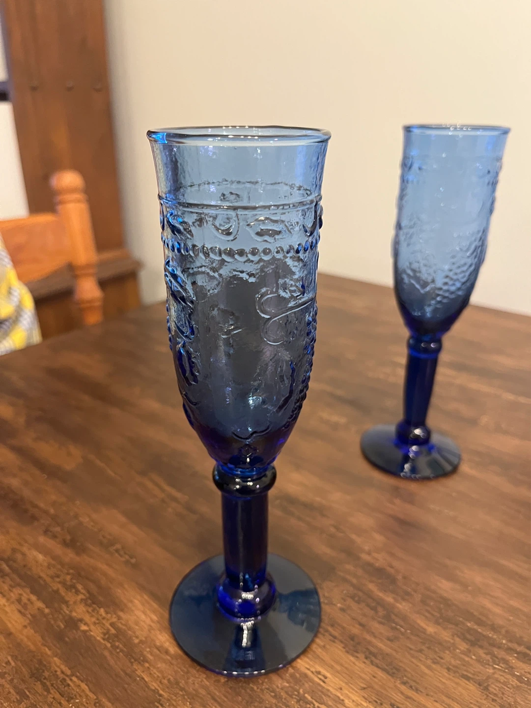 Set of blue glass champagne flutes