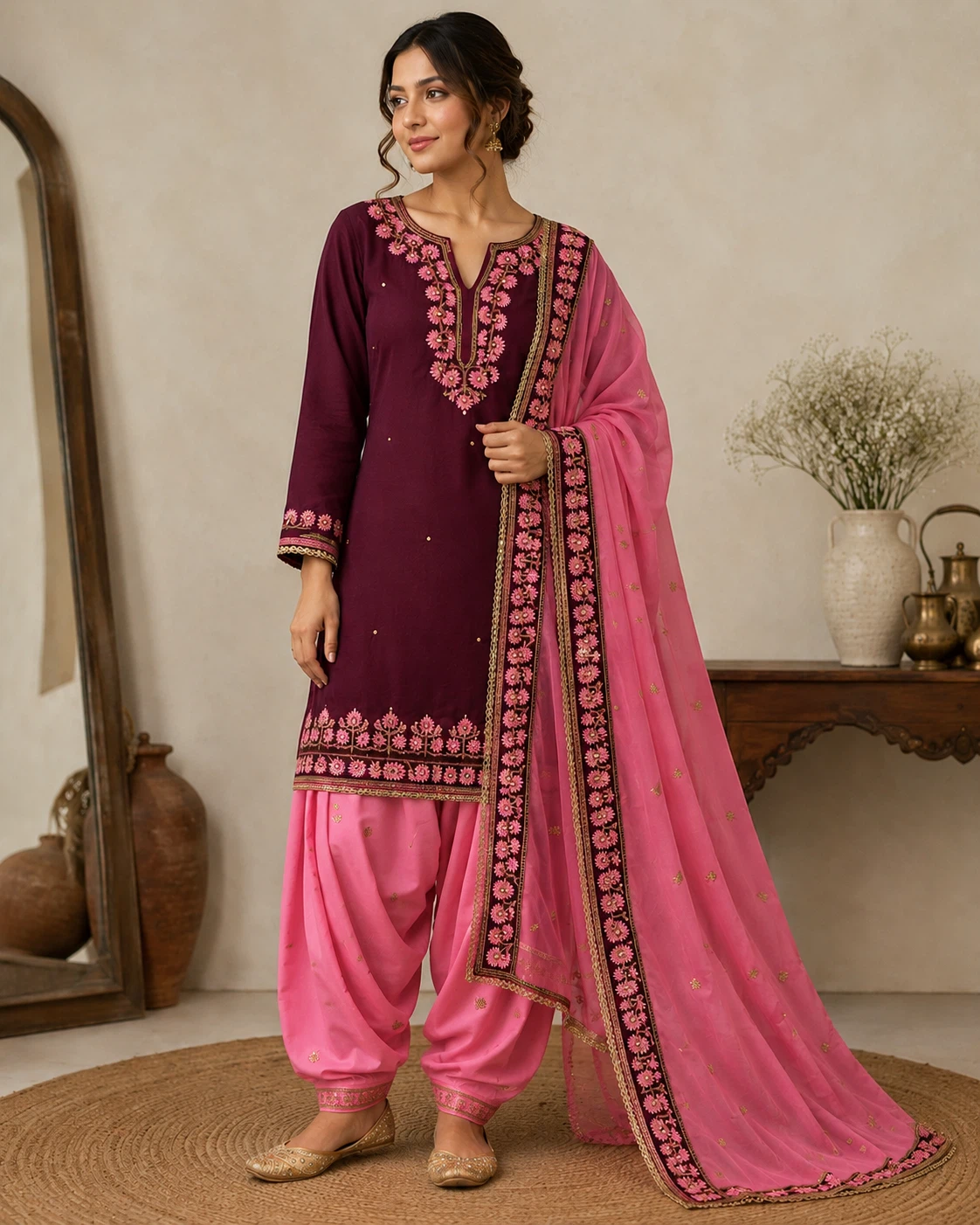 Embroidered Punjabi Suit - Burgundy & Pink