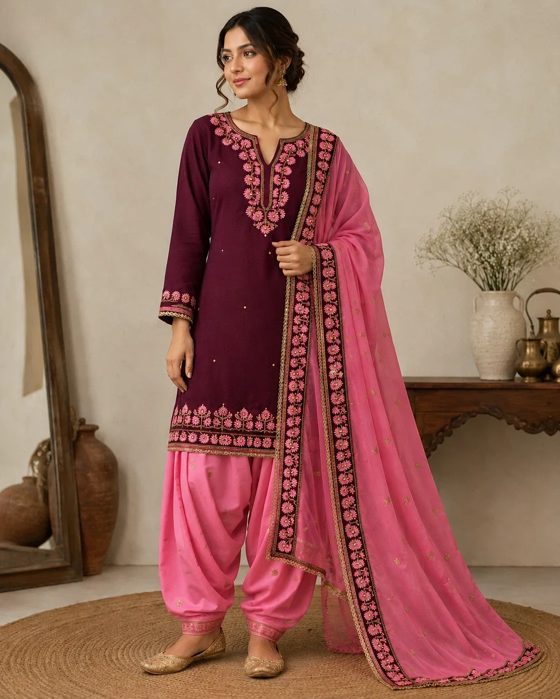 Embroidered Punjabi Suit - Burgundy & Pink