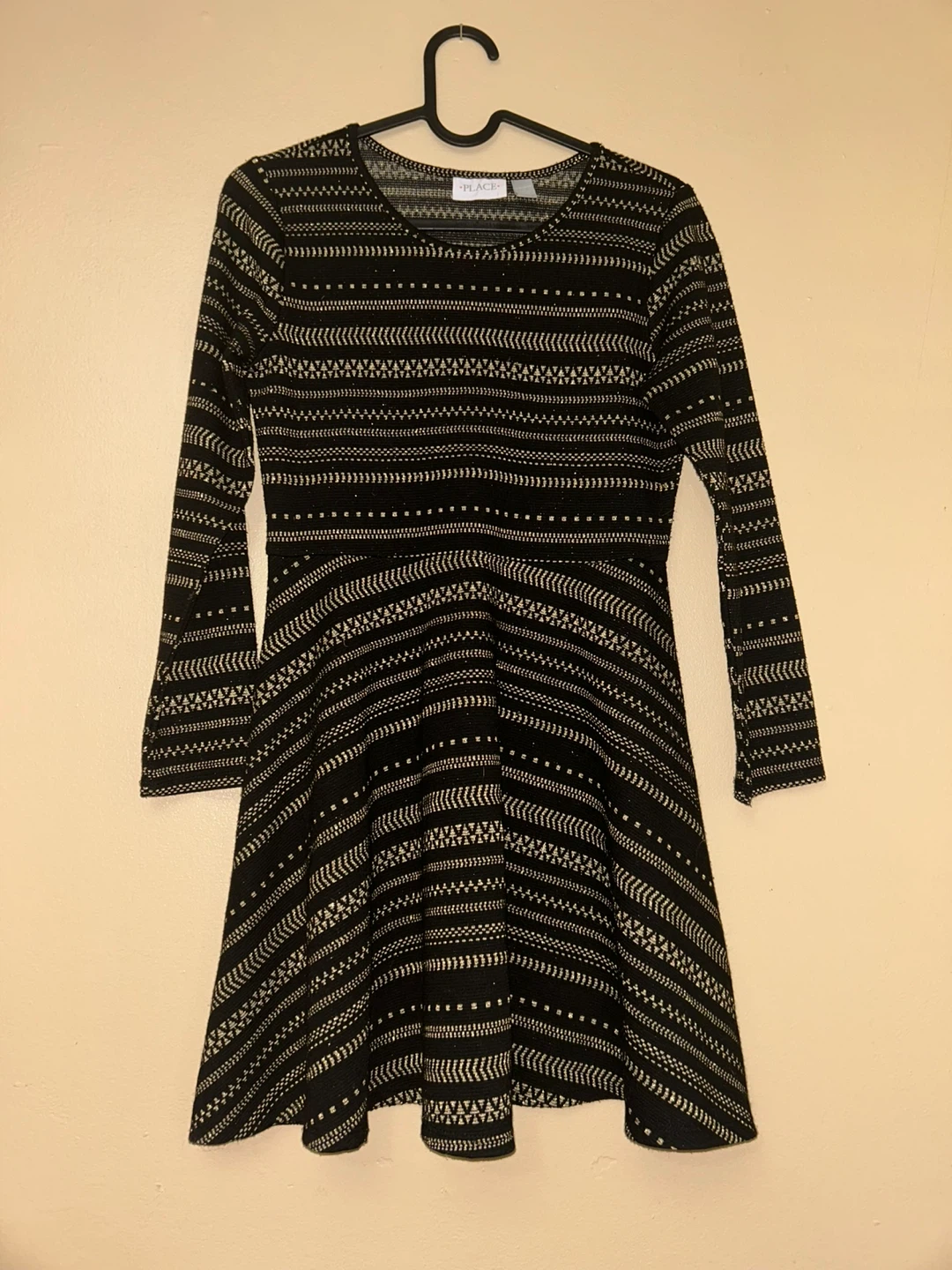 The Children's Place Girls Black & Gold Long Sleeve Dress 10/12