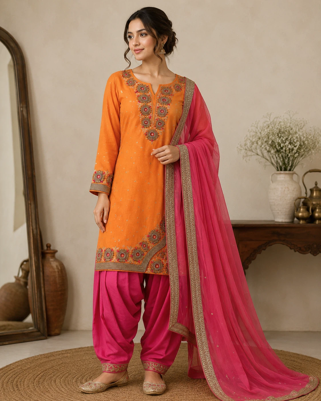 Orange Embroidered Kurti with Pink Dupatta