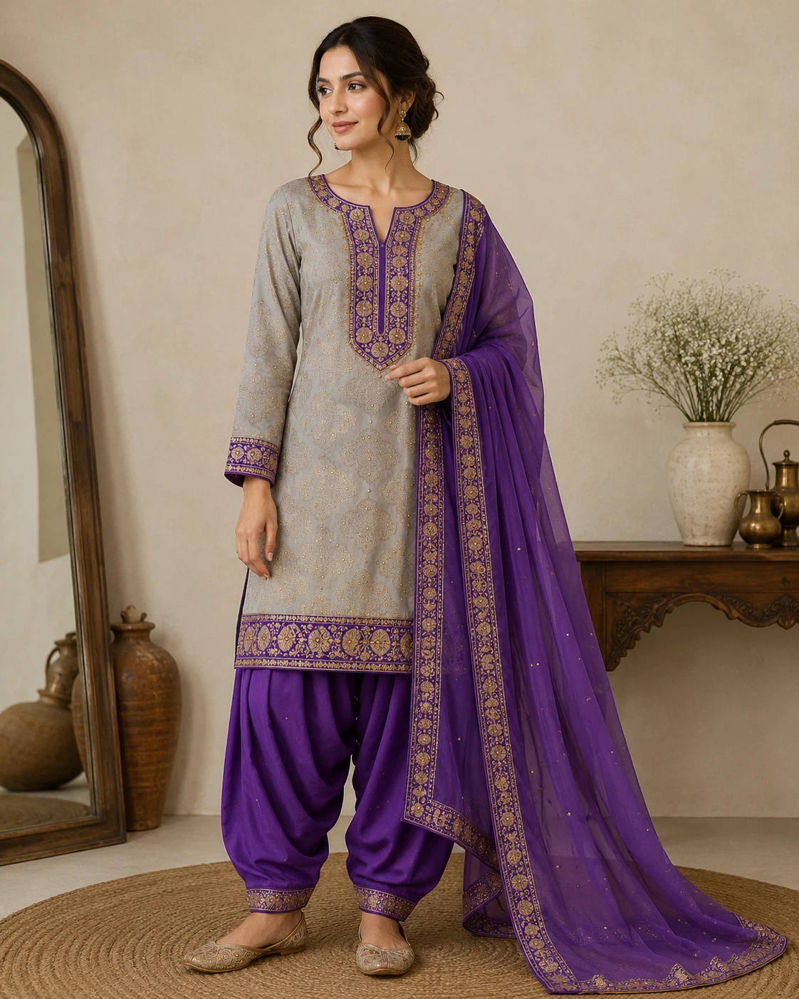 Purple Punjabi Suit Fabric with Gold Embroidery