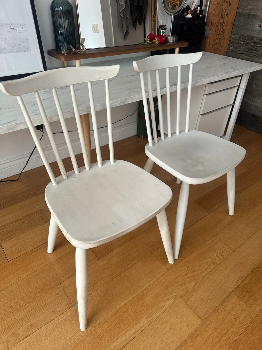 2 VINTAGE DANISH MCM SPINDLE WOOD SHAKER CHAIRS DINING DESK SIDE