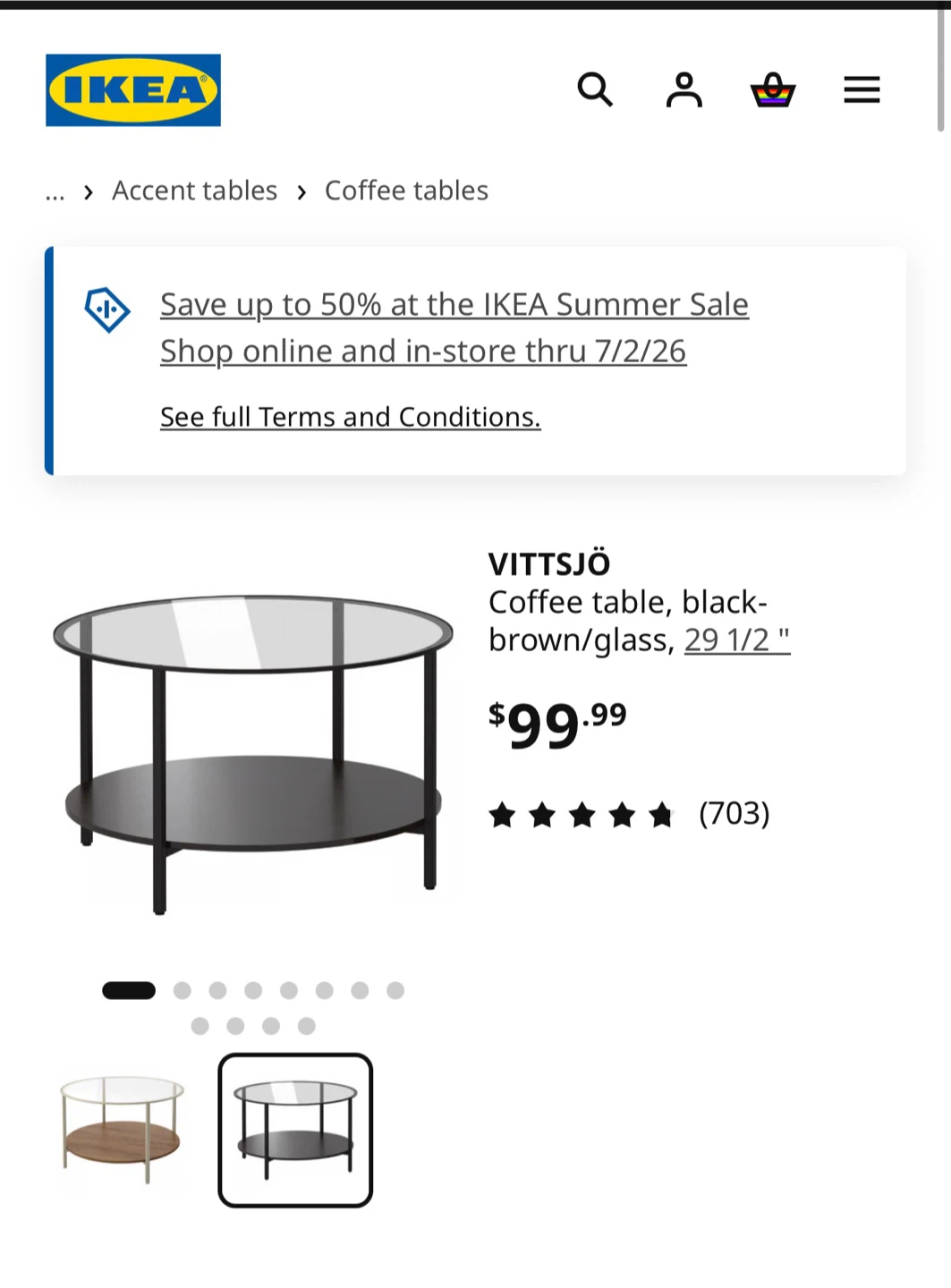 IKEA VITTSJÖ Coffee Table Black-Brown/Glass 29 1/2"