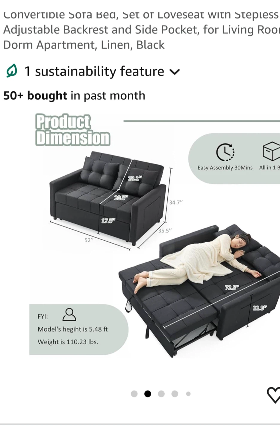 GOSUHI 52" Convertible Sofa Bed - Black - photo 2