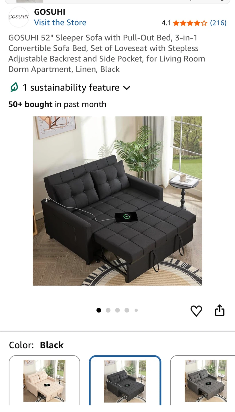 GOSUHI 52" Convertible Sofa Bed - Black - photo 3