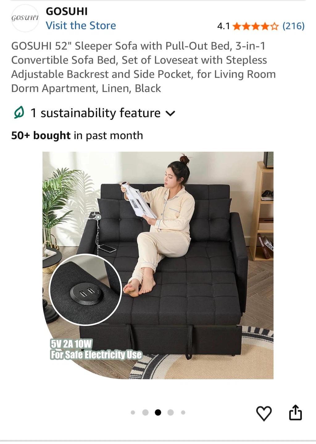 GOSUHI 52" Convertible Sofa Bed - Black - photo 4