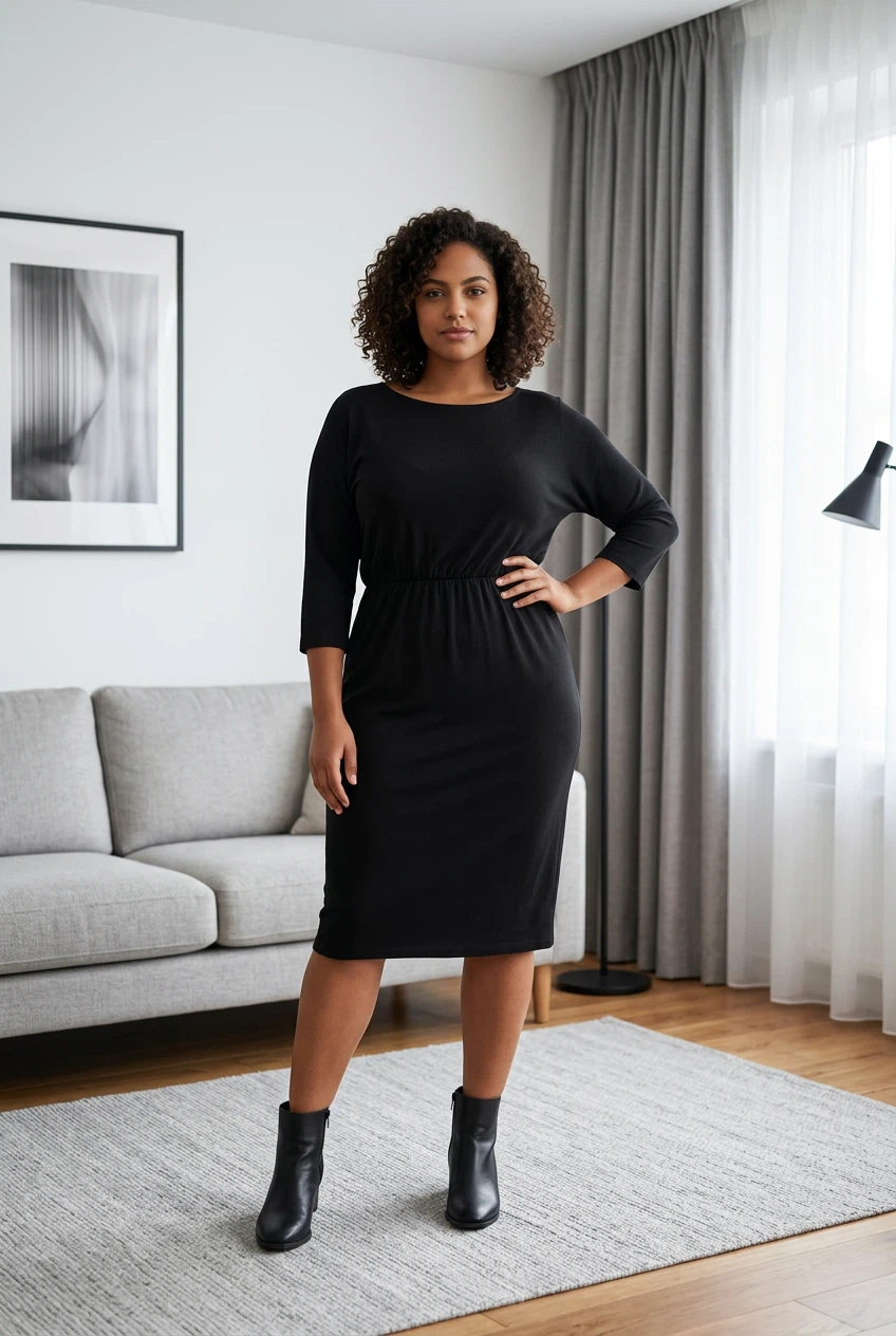 Black midi dress with elastic waist - photo 2