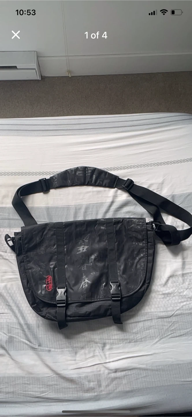 Black Messenger Bag with Kanji Print