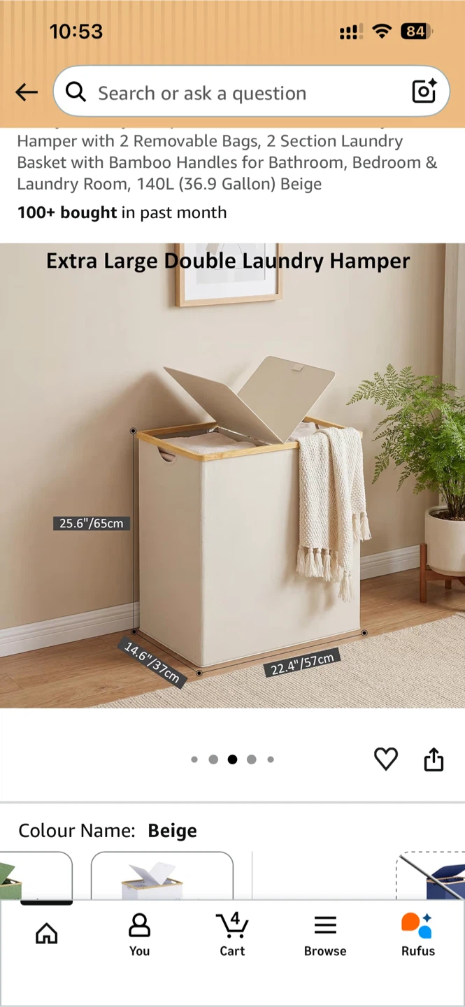 EFLUKY Hamper with Lid, Double Laundry Hamper, 140L Beige