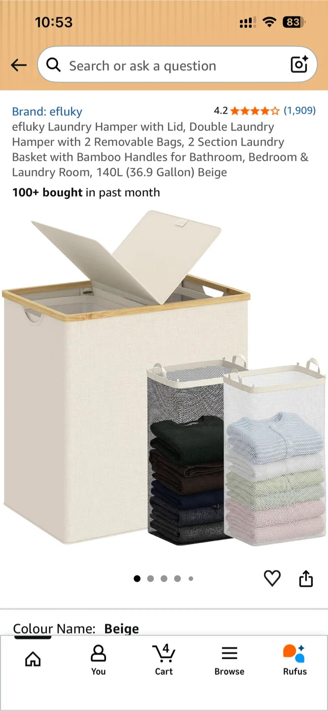 EFLUKY Hamper with Lid, Double Laundry Hamper, 140L Beige - photo 3