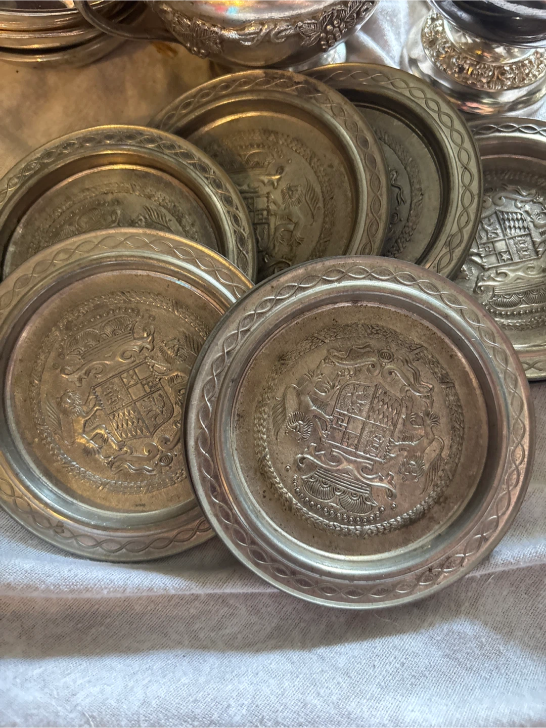 Vintage Metal Coasters and Small Metal Pail Set