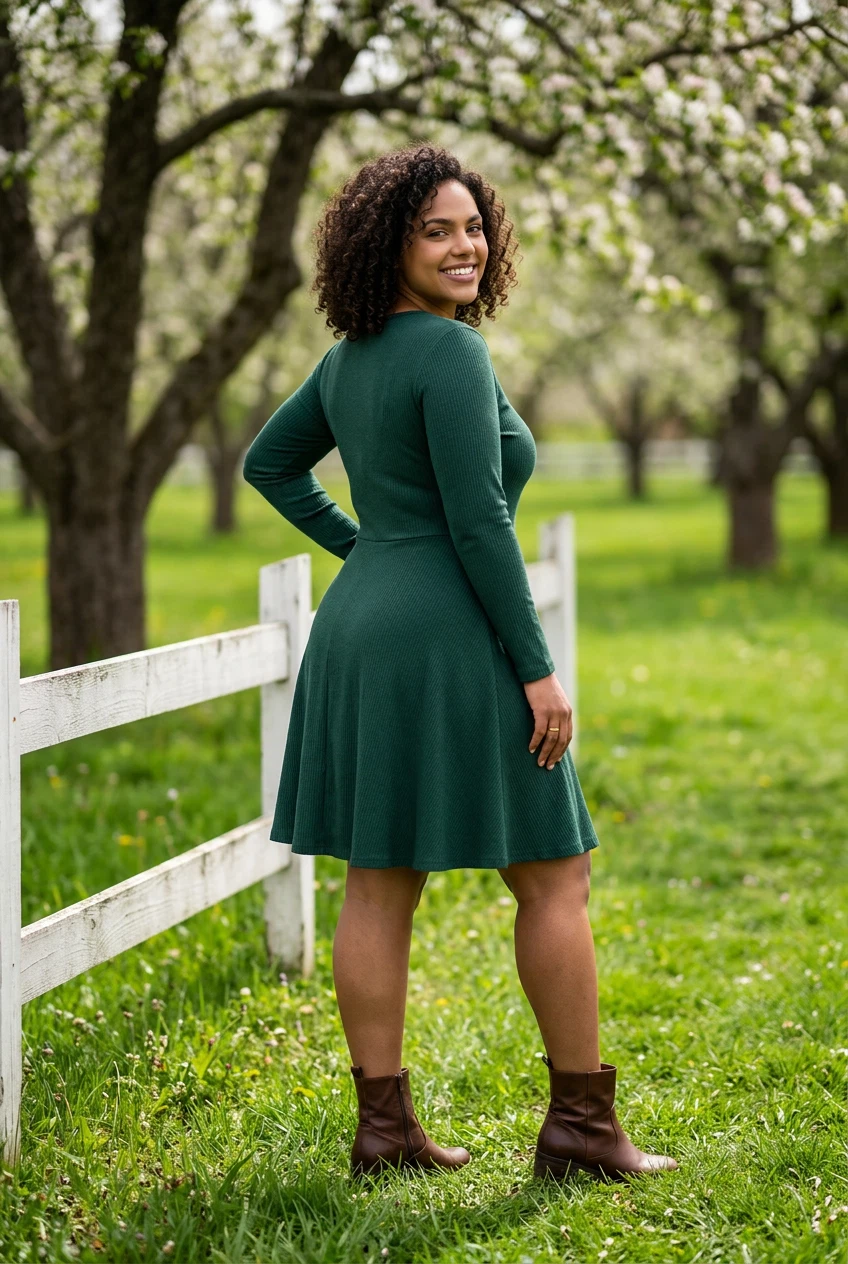 Green Ribbed Long Sleeve Fit and Flare Dress - photo 2