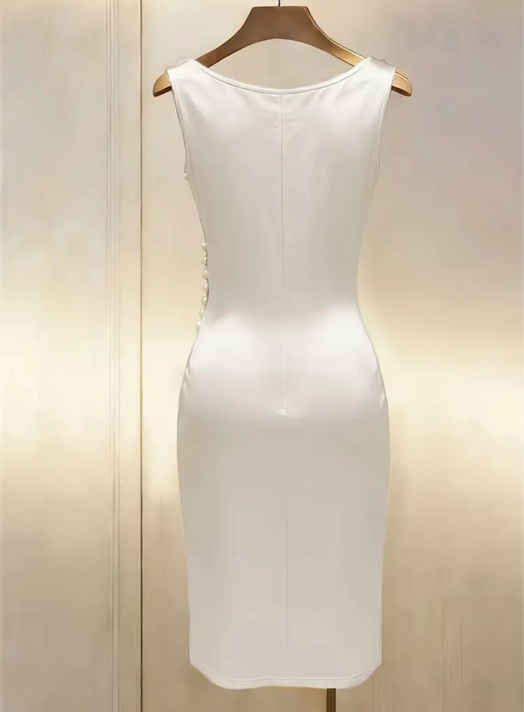 White Sleeveless Cowl Neck Dress with Pearl Embellishments - photo 2