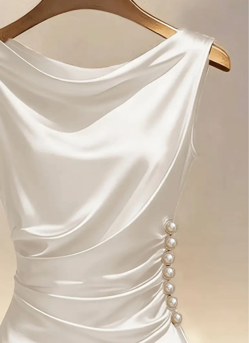 White Sleeveless Cowl Neck Dress with Pearl Embellishments - photo 3