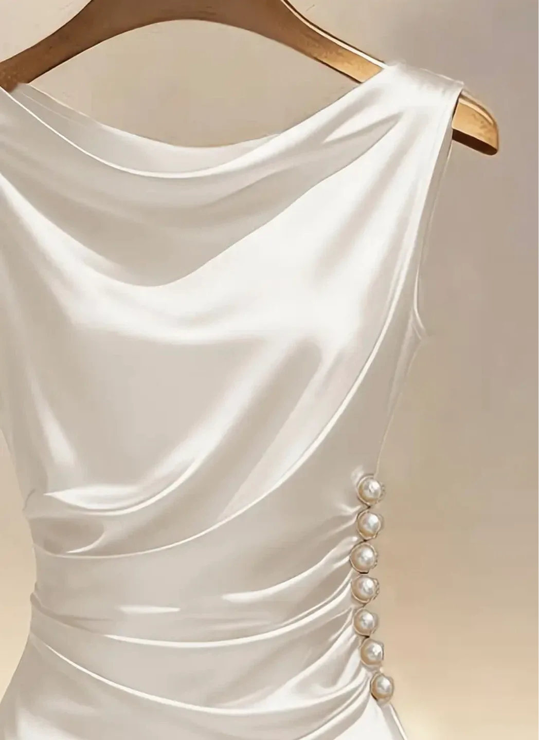 White Sleeveless Cowl Neck Dress with Pearl Embellishments - photo 3